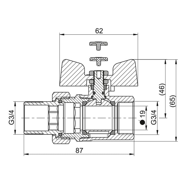 Кран кульовий STANDARD DN 20 (3/4") з американкою В-З — габаритні розміри