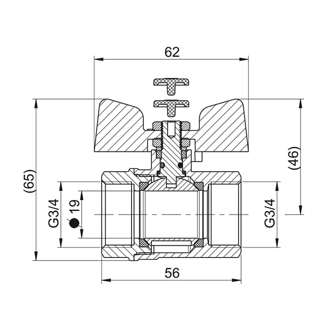 Кран кульовий STANDARD DN 20 (3/4") В-В — габаритні розміри