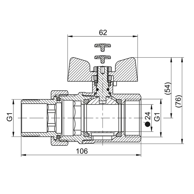 Кран кульовий STANDARD DN 25 (1") з американкою В-З — габаритні розміри