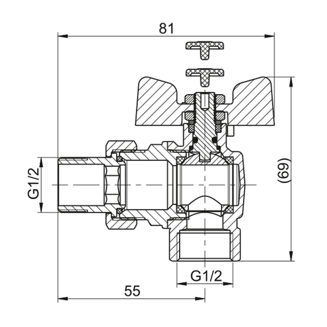 Кран шаровой угловой STANDARD DN 15 (1/2") с американкой В-Н — габаритные размеры