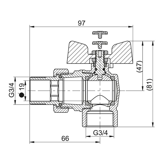 Кран кульовий кутовий STANDARD DN 20 (3/4") з американкою В-З — габаритні розміри
