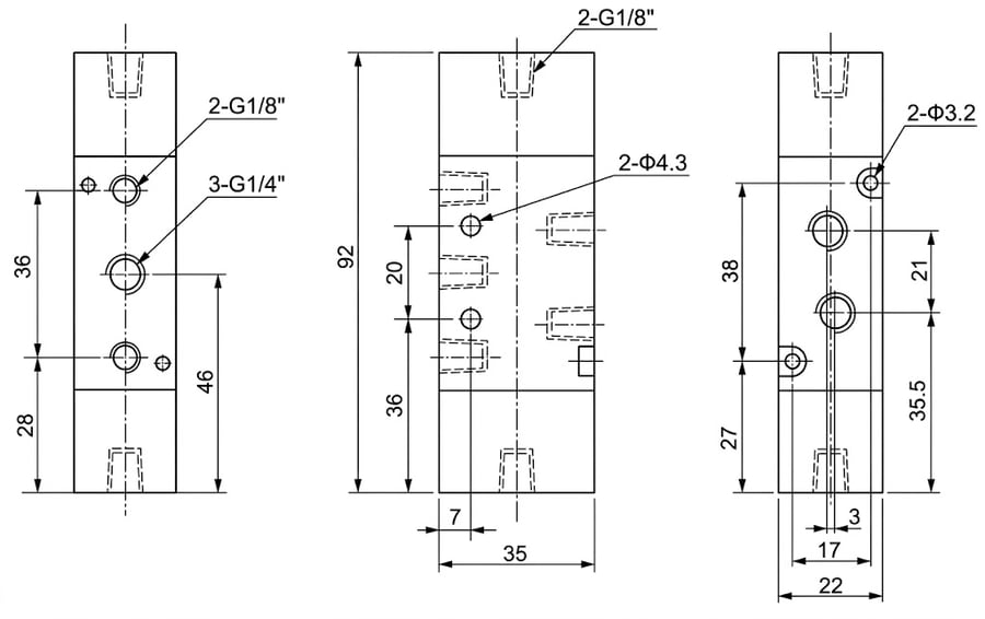 Пневмораспределитель FLUSO 4A220-08 — габаритные размеры