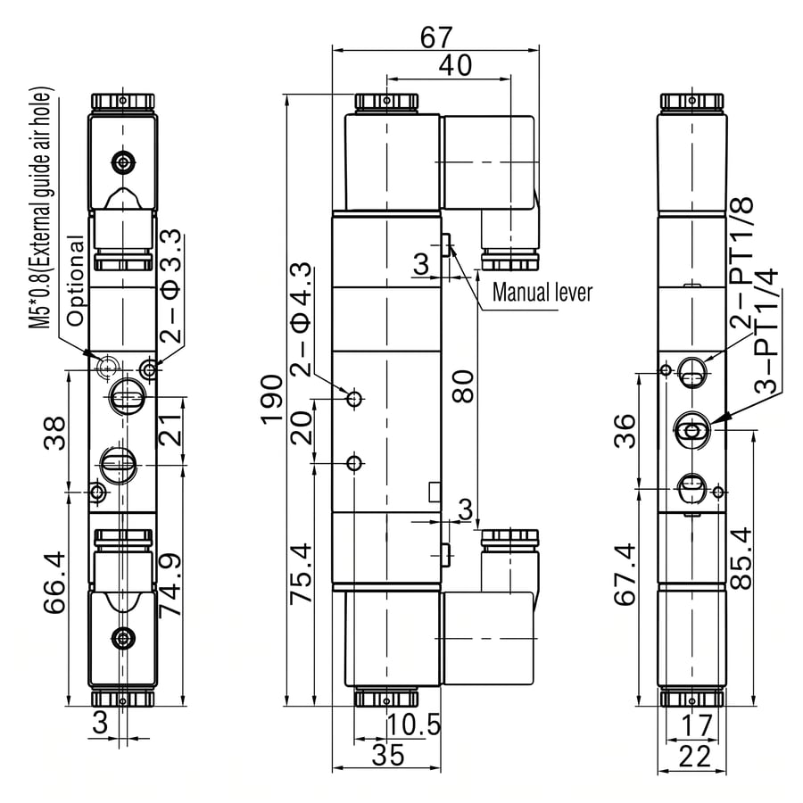 Пневмораспределитель FLUSO 4V230C-08 24VDC — габаритные размеры