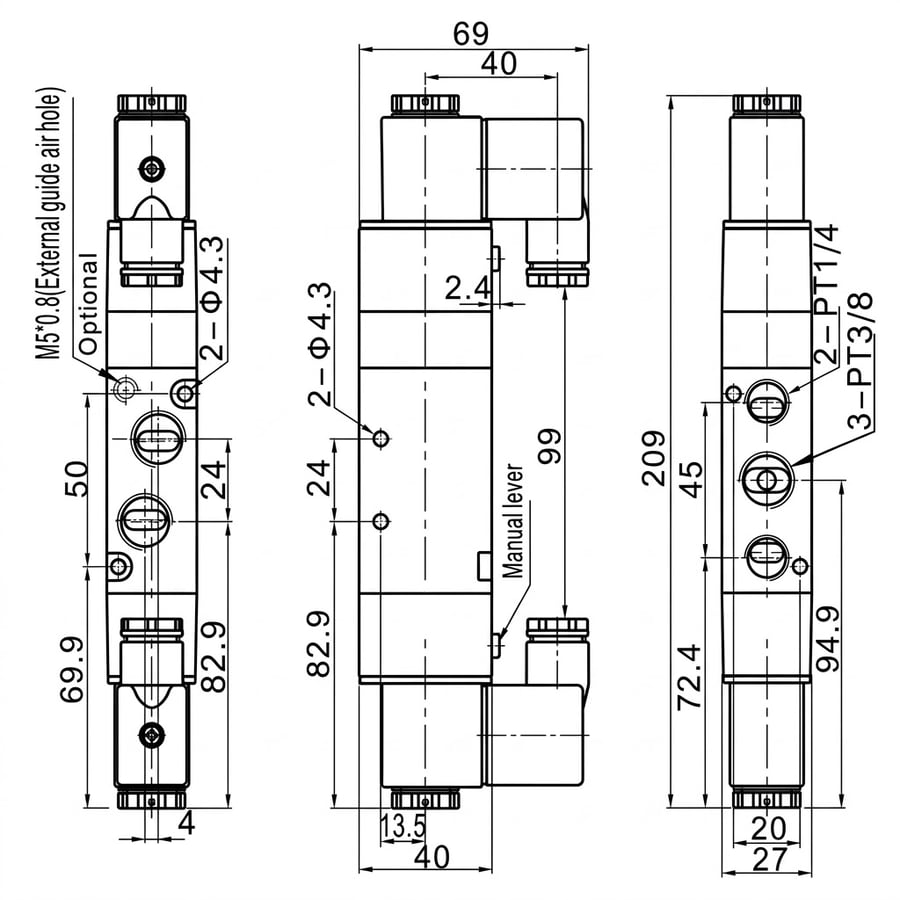 Пневмораспределитель FLUSO 4V330C-10 24VDC — габаритные размеры