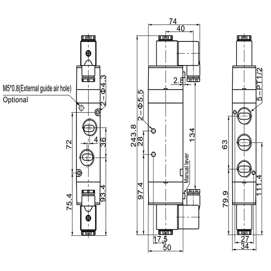 Пневмораспределитель FLUSO 4V430C-15 24VDC — габаритные размеры