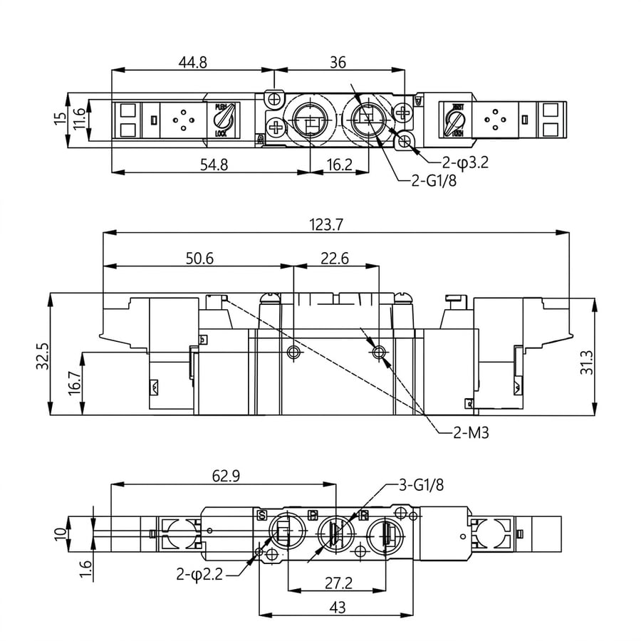 Пневмораспределитель FLUSO 5220A 24VDC — габаритные размеры