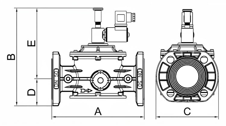 Електромагнітний клапан газовий MADAS M16/RM N.A. DN32 Р0,5 (муфтовий) НВ 220VAC — габаритні розміри